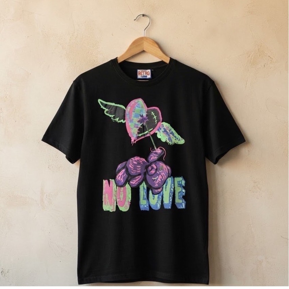 Retro Label Graphic T Shirt Black Teddy Bear Heart No Love Print Sz 3XL Grunge